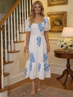 EUC J.Crew Factory Blue White Floral Puff Sleeve Tiered Midi Dress Size 2